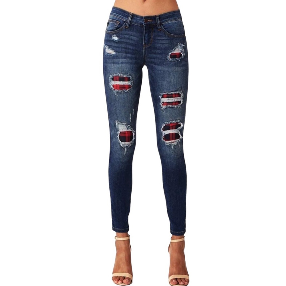 Judy Blue Women's Buffalo Plaid Patch Skinny Jeans Style 8268 Size 15/32